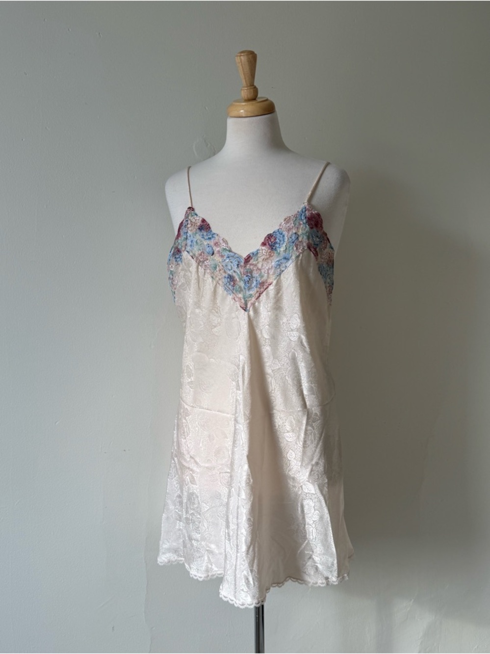 Vintage Wendy Ann Ivory Satin Slip Dress Floral Lace Trim Bias Cut Lingerie